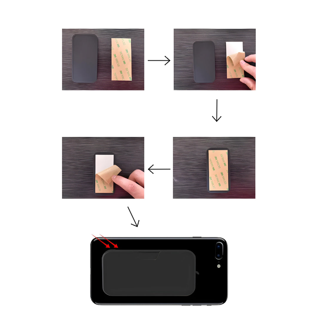 Eazy Optics guide on attaching the Pod to your phone case, featuring clear, step-by-step instructions with images showing each stage of the process for easy understanding.
